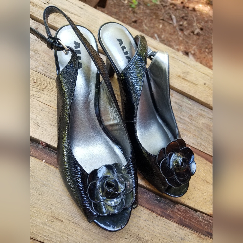 Size 7.5 Alia High Heel Black Flower Shoes Ladies open toe with straps goth